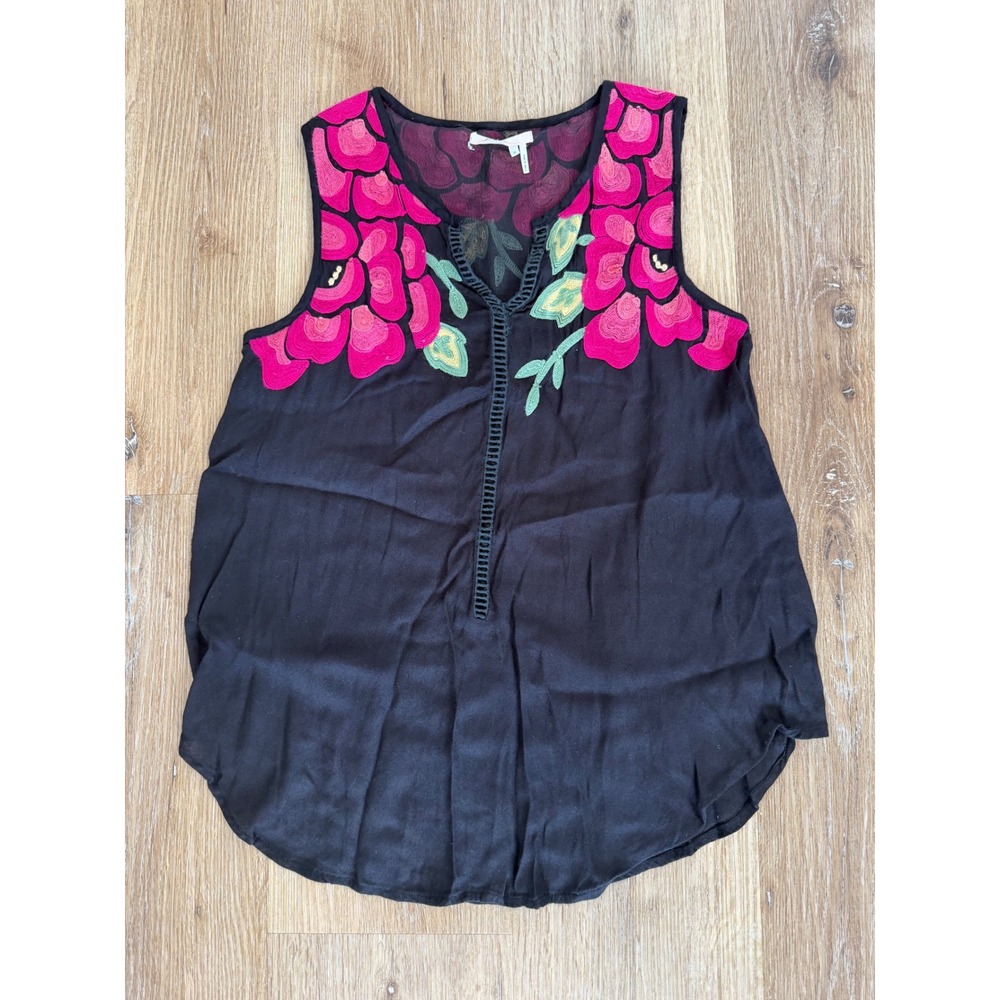 Floreat Boho Festival Peasant Embroidered Floral Top Womens XS Black Pink Folk